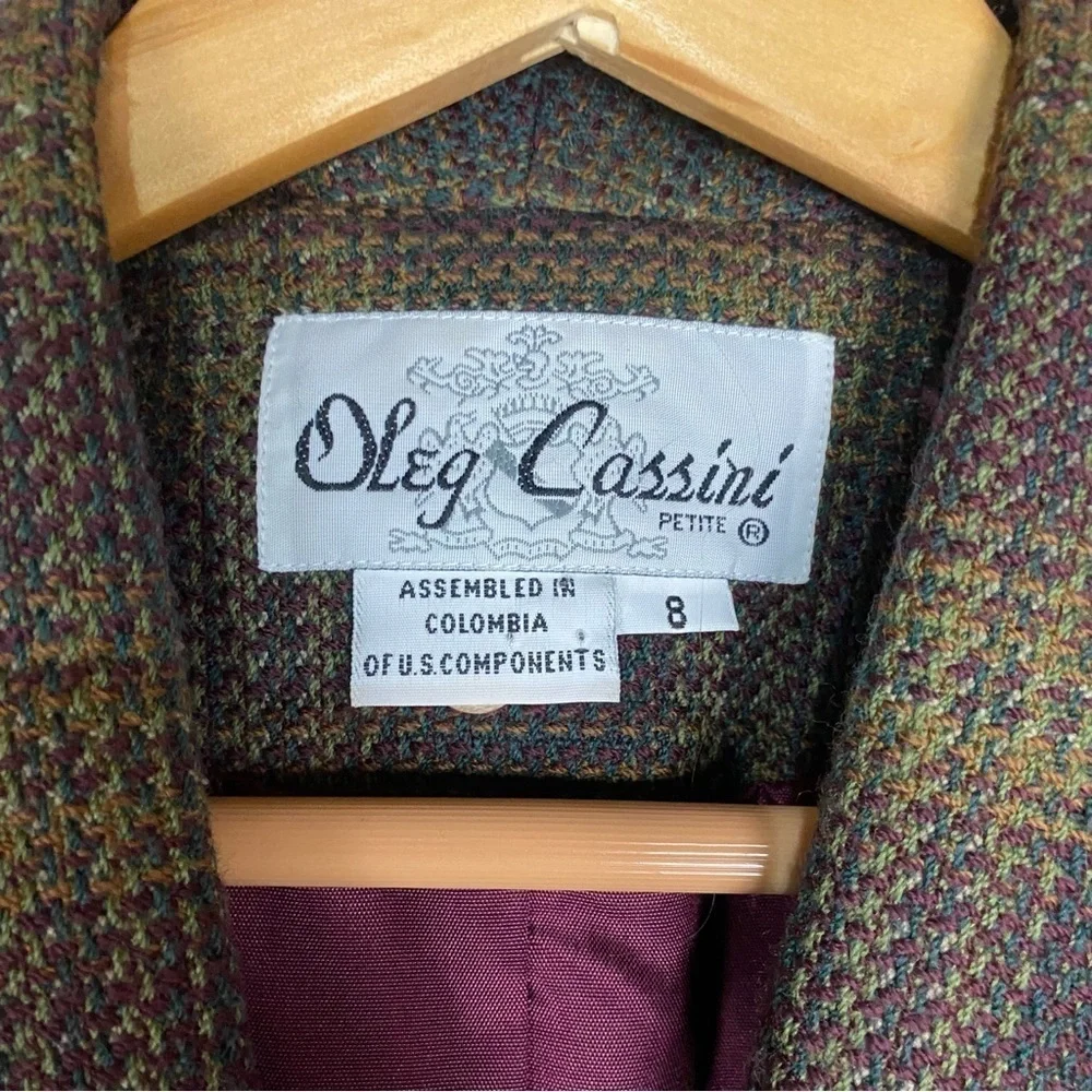 Vintage Oleg Cassini brown plum purple tan plaid double breasted blazer medium 8